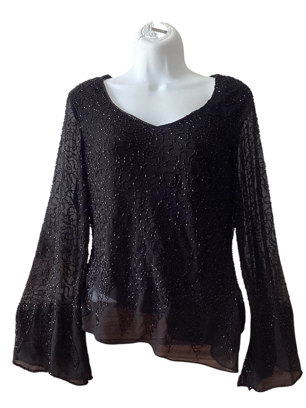 VTG JKARA Black Sheer Beaded Long Sleeve Party Evening Blouse Top Size M